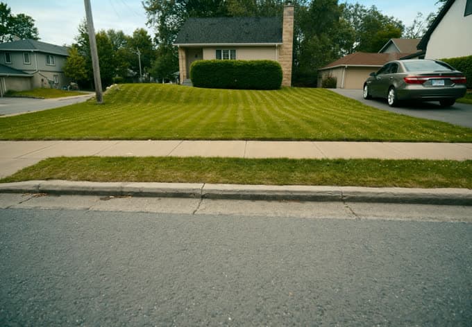 Pelouse avant tondue vue de la rue, à Vaudreuil-Soulanges